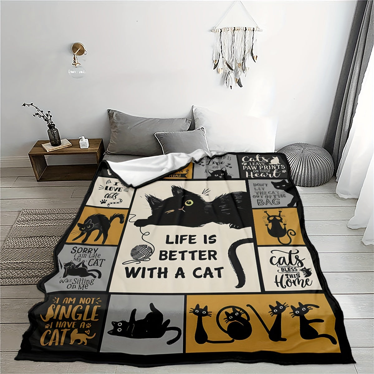 Black Cat Flannel Blanket for Halloween Cozy Throw for Sofa Bed Travel and Camping