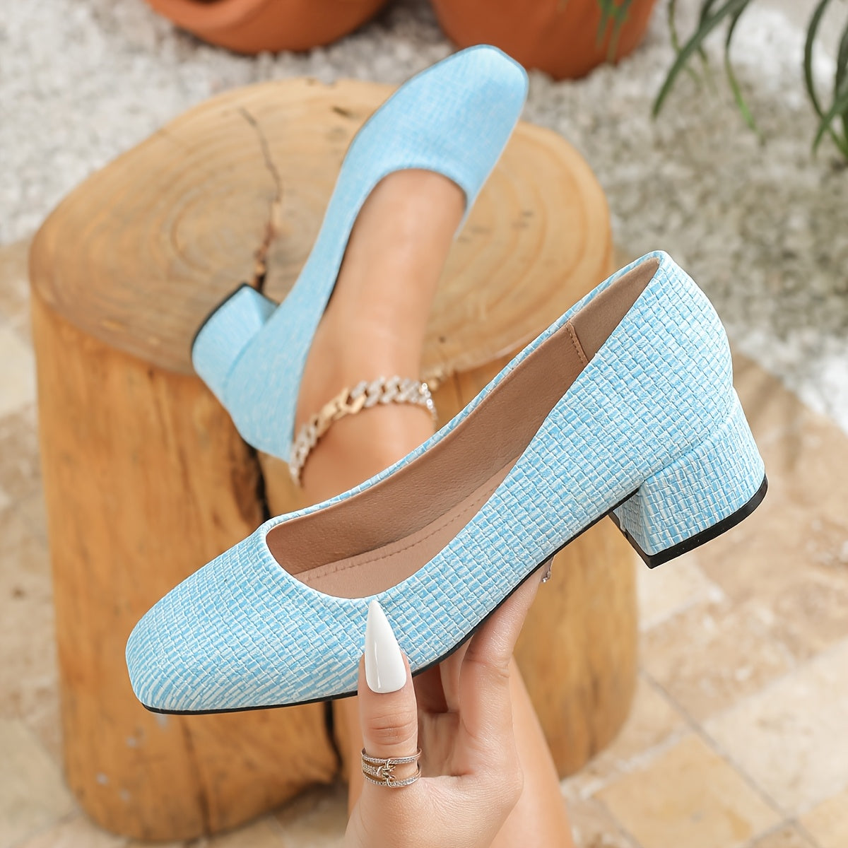 Women's Faux Leather Square Toe Mid Heel Pumps All-Season Dress Shoes Lavender Yellow