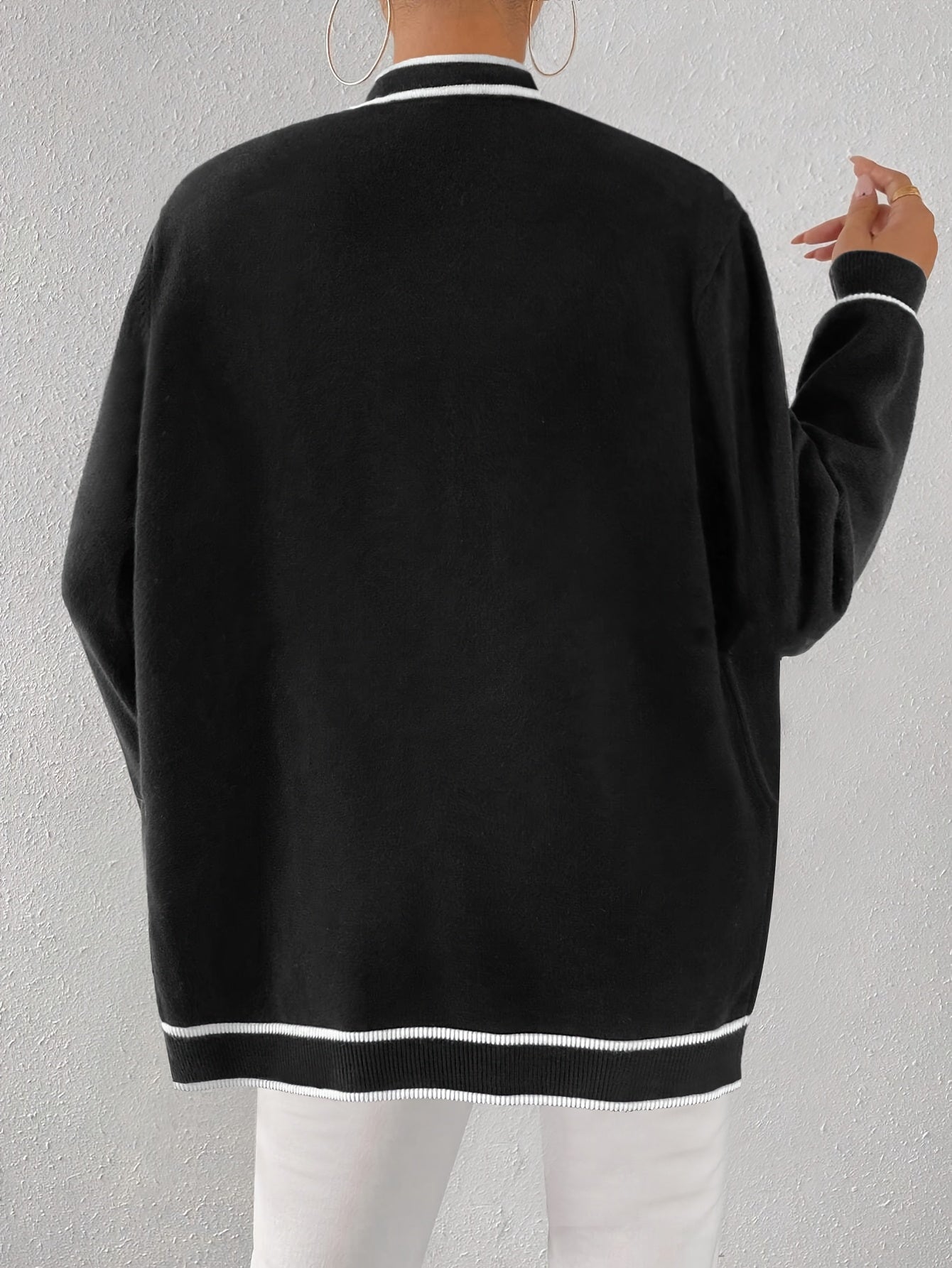 Plus Size Black White Cardigan Sweater with Pearl Buttons for Women