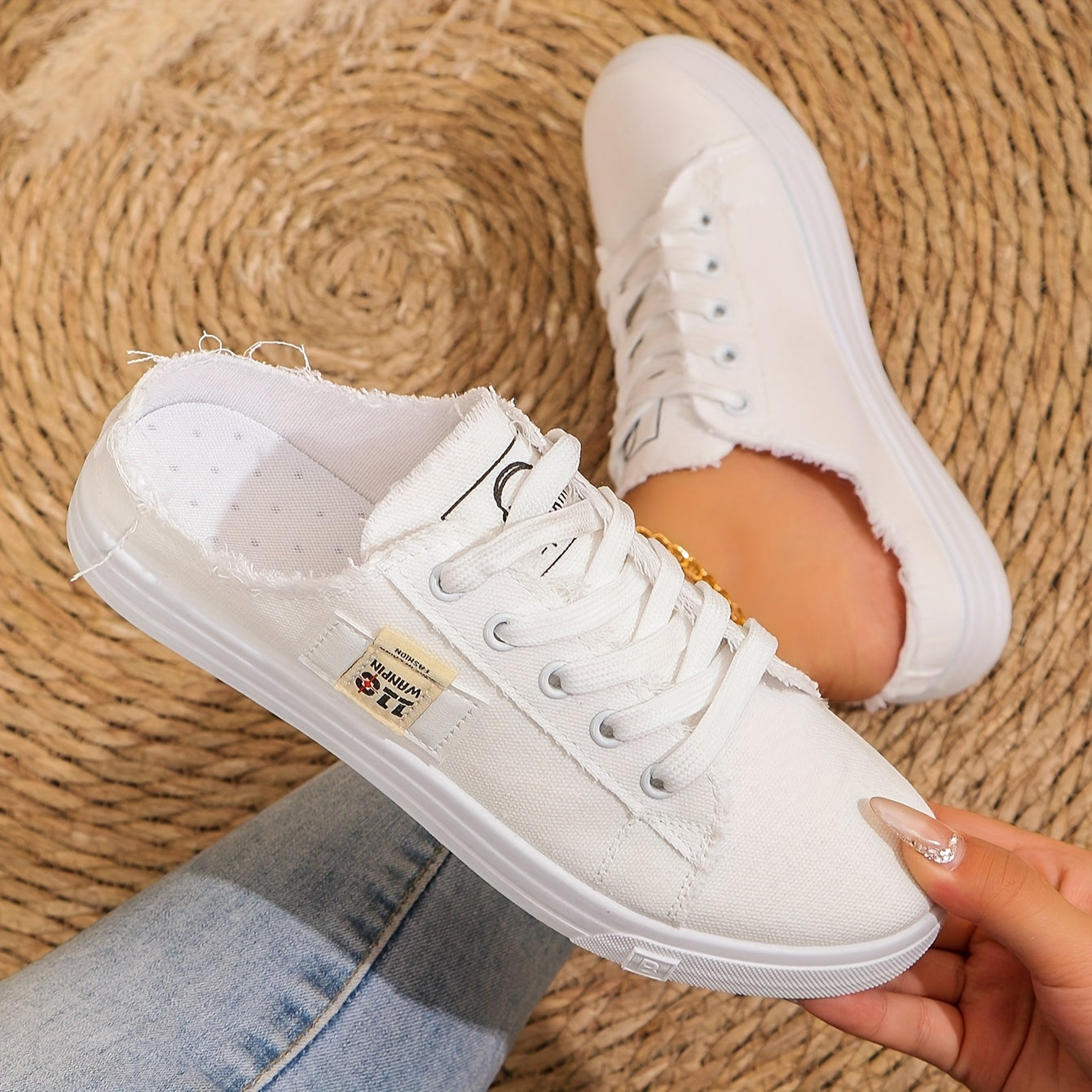 Women's Casual White Fabric Sneakers with Soft Sole and Round Toe