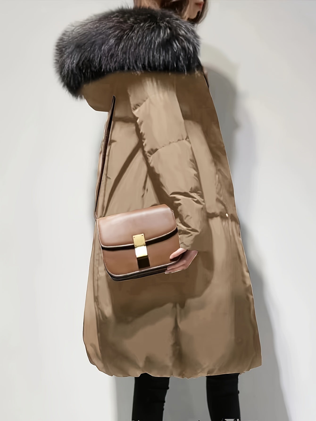 Winter Long Coat with Hood Faux Fur Trim Solid Color Polyester Casual Warm Outerwear