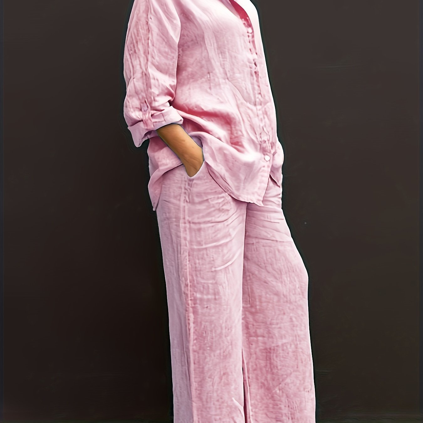 Conjunto de dos piezas de color sólido de rayón para mujer con top de manga larga y pantalones para uso casual y de fiesta