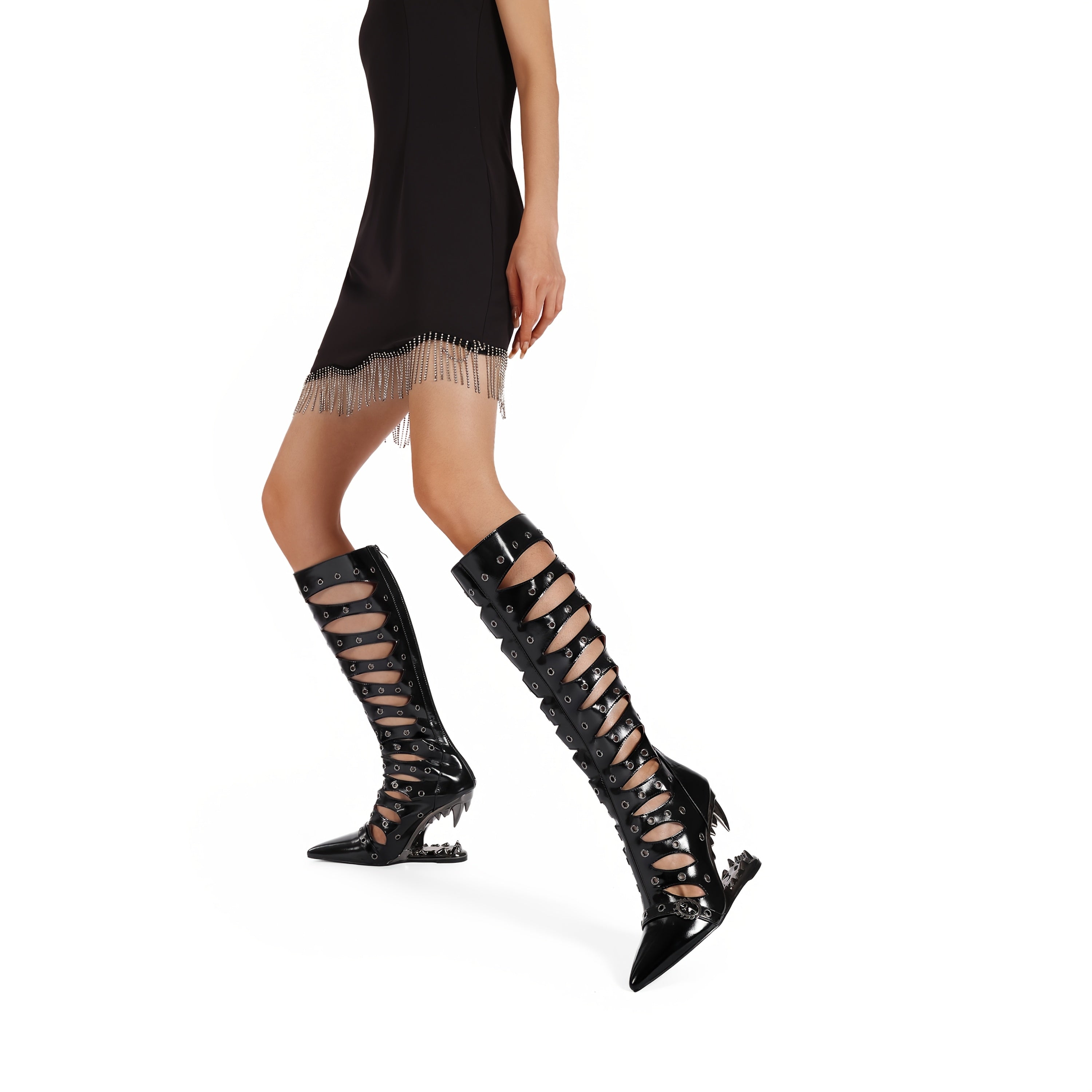 Women Hollow-Out Knee-High Leather Boots with Zipper and Pointed Toe