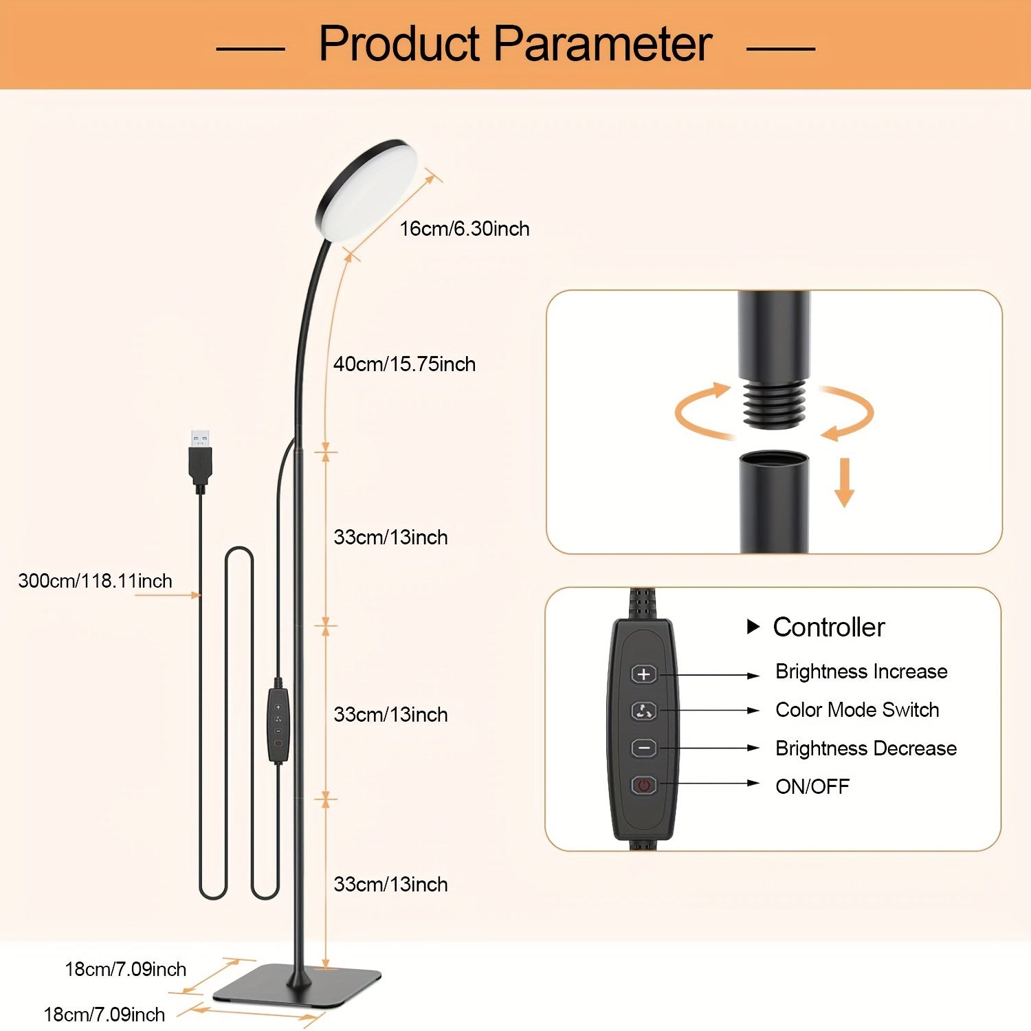 Zamonaviy sozlanadigan LED yerdan lampasi, dumaloq soyali, 3 rangli harorat, USB quvvatlanishi, metall va plastik material, kalit nazorati, bir nechta komponentlar, batareya kiritilmagan.