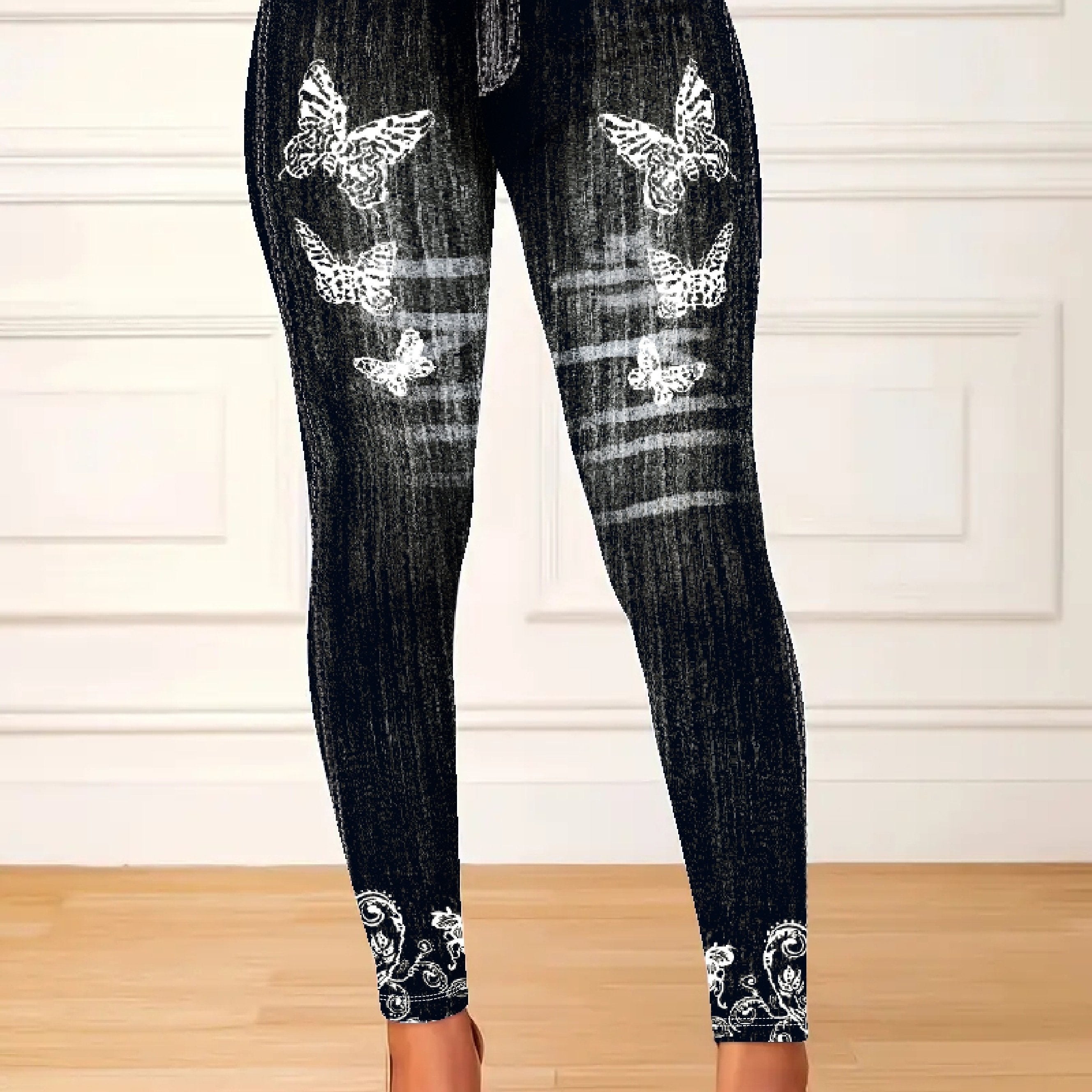 Plus Size Women's Stretchy Butterfly and Denim Print High Waist Leggings