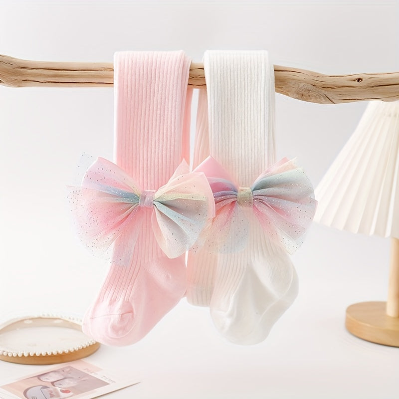 Girls Floret Patterned Pantyhose with Bow Tie Solid Knit Base Layer for Toddlers in Spring and Autumn
