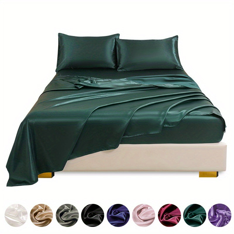 Polyester Satin Fitted Sheet Set 4 Pieces Includes Pillowcases Available in Twin Full Queen King