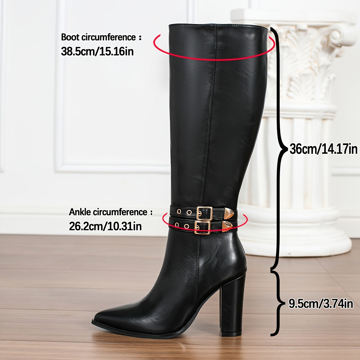 Женские сапоги из искусственной кожи до колена с заостренным носком и широким каблуком