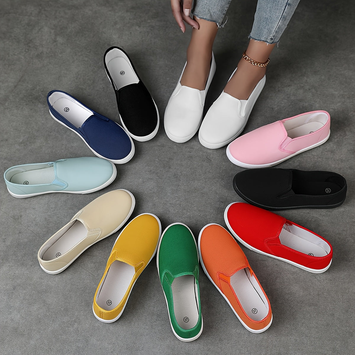 Ayollar uchun slip-on sport poyabzali, nafas oladigan, engil, kundalik, oq flats
