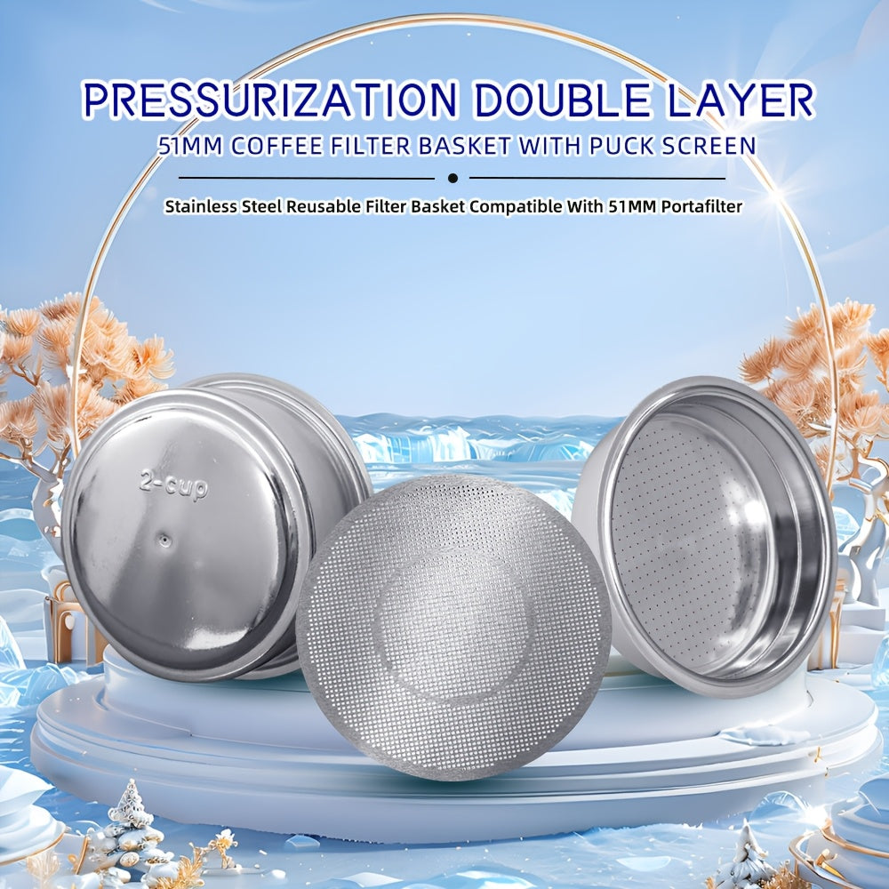 Espresso Filtr Savati - Ikki Qavatli Paslanmaydigan Po'lat, 51mm, Pressizlangan Puk Ekrani bilan. Gourmet Qahva Pishirish uchun Ikki Qavatli Portafilter O'rnini Bosuvchi.