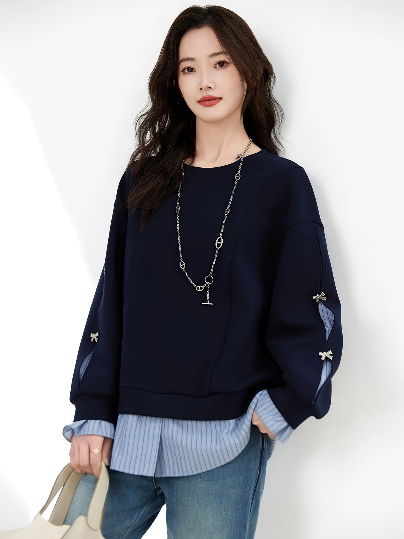 Women's Navy Blue Floral Sweater Rayon Blend Loose-Fit Pullover
