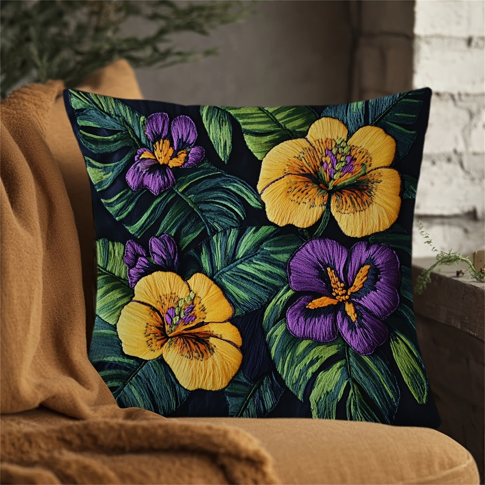 Square Pillow Cover with Tropical Floral Embroidery Polyester Zipper Closure for Home or Office Decor