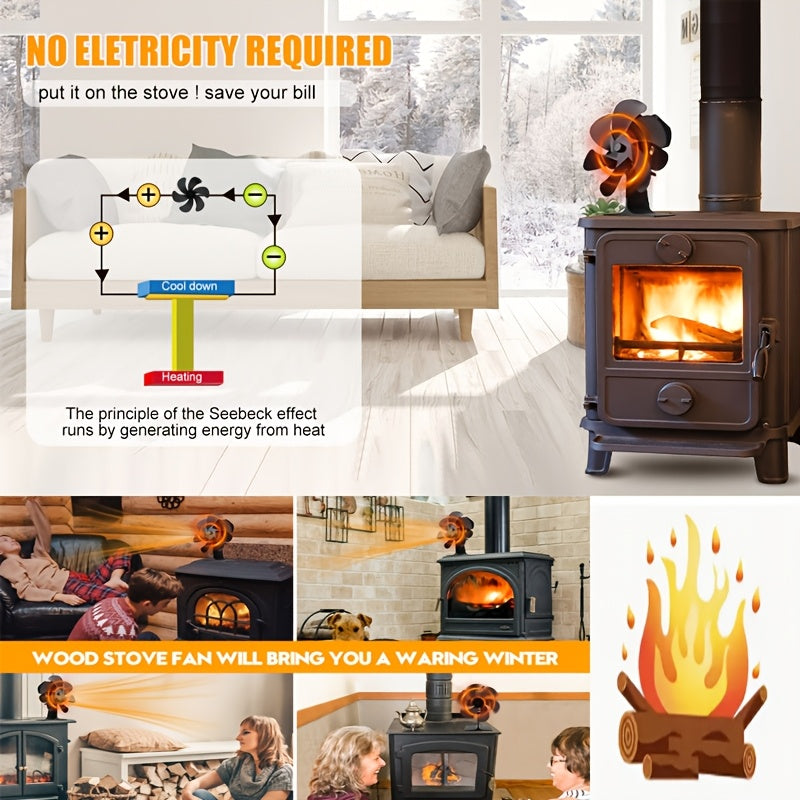 Black Aluminum Fireplace Fan 6-Blade Silent Heat Distribution Winter Gift