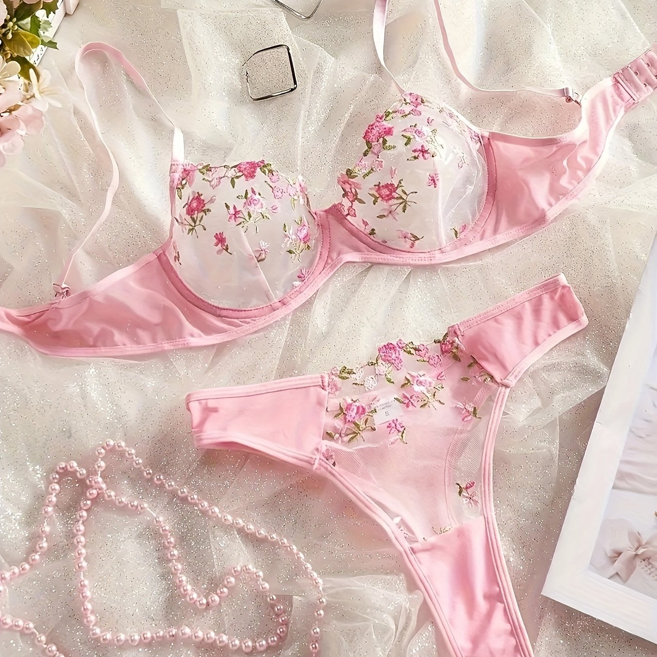 Women's Semi-Sheer Floral Embroidered Lingerie Set Bra and Thong