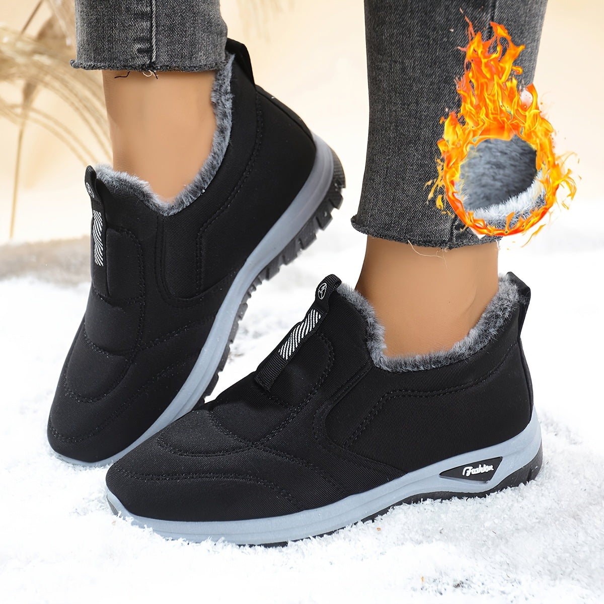 Women's Fleece-Lined Ankle Boots Black Red Slip-On Winter Outdoor