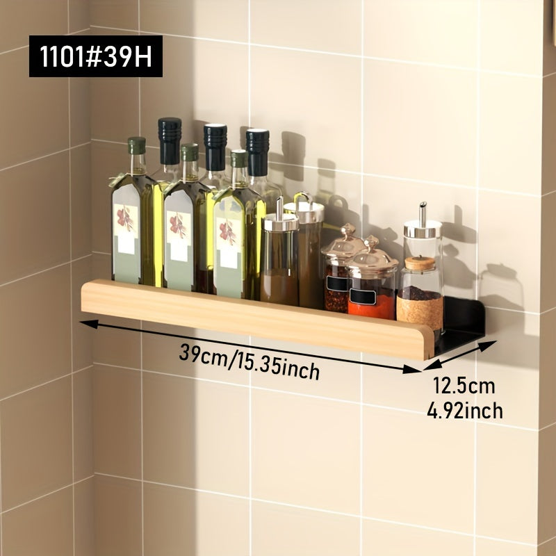 Wood and Metal Wall-Mounted Spice Rack with Hooks for Kitchen Storage