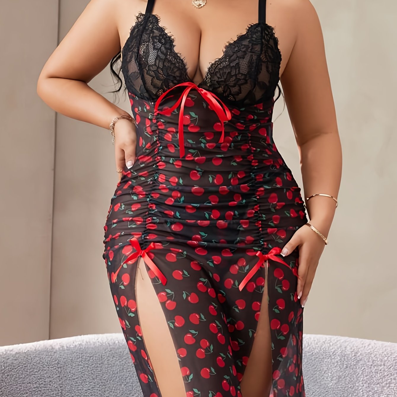 Plus Size Lingerie Set 2pcs Black and Red Floral Panties and Camisole