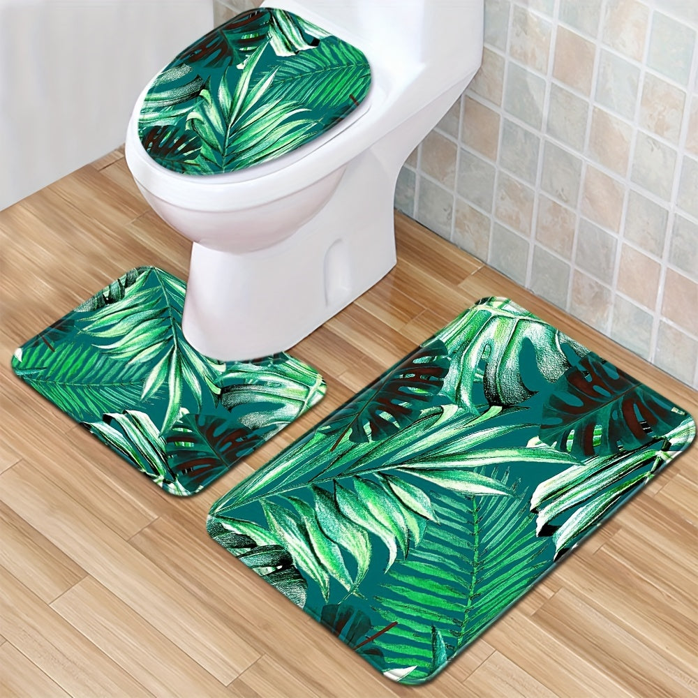 Set of 3 Green Leaf Pattern Bathroom Mats Water Absorbent Non-slip Machine Washable