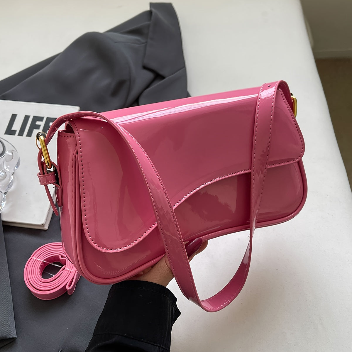 Black Baguette Bag for Women with Adjustable Strap and Gold Hardware