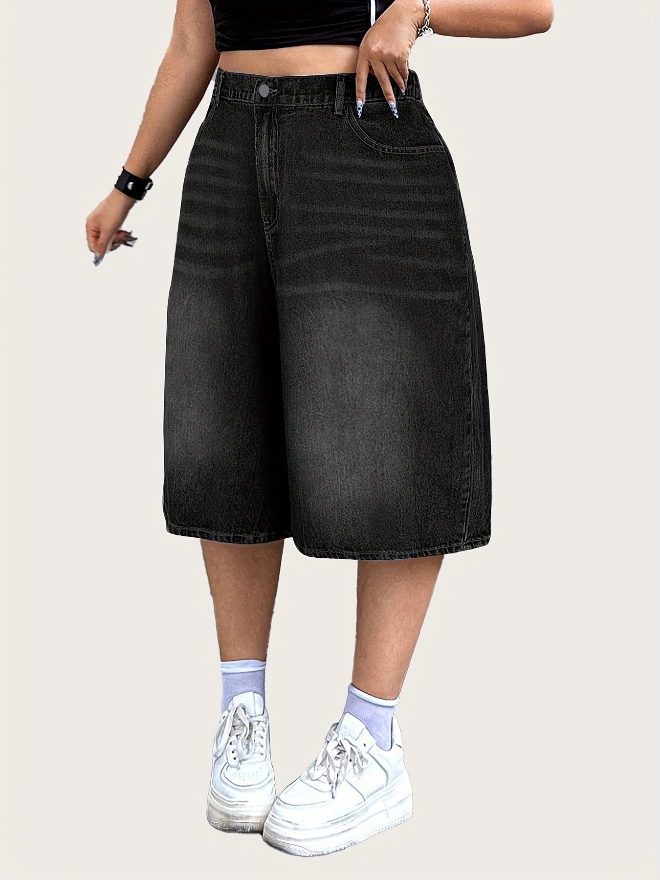 Plus Size Women's Denim Shorts Elastic Waist Casual Baggy Fit