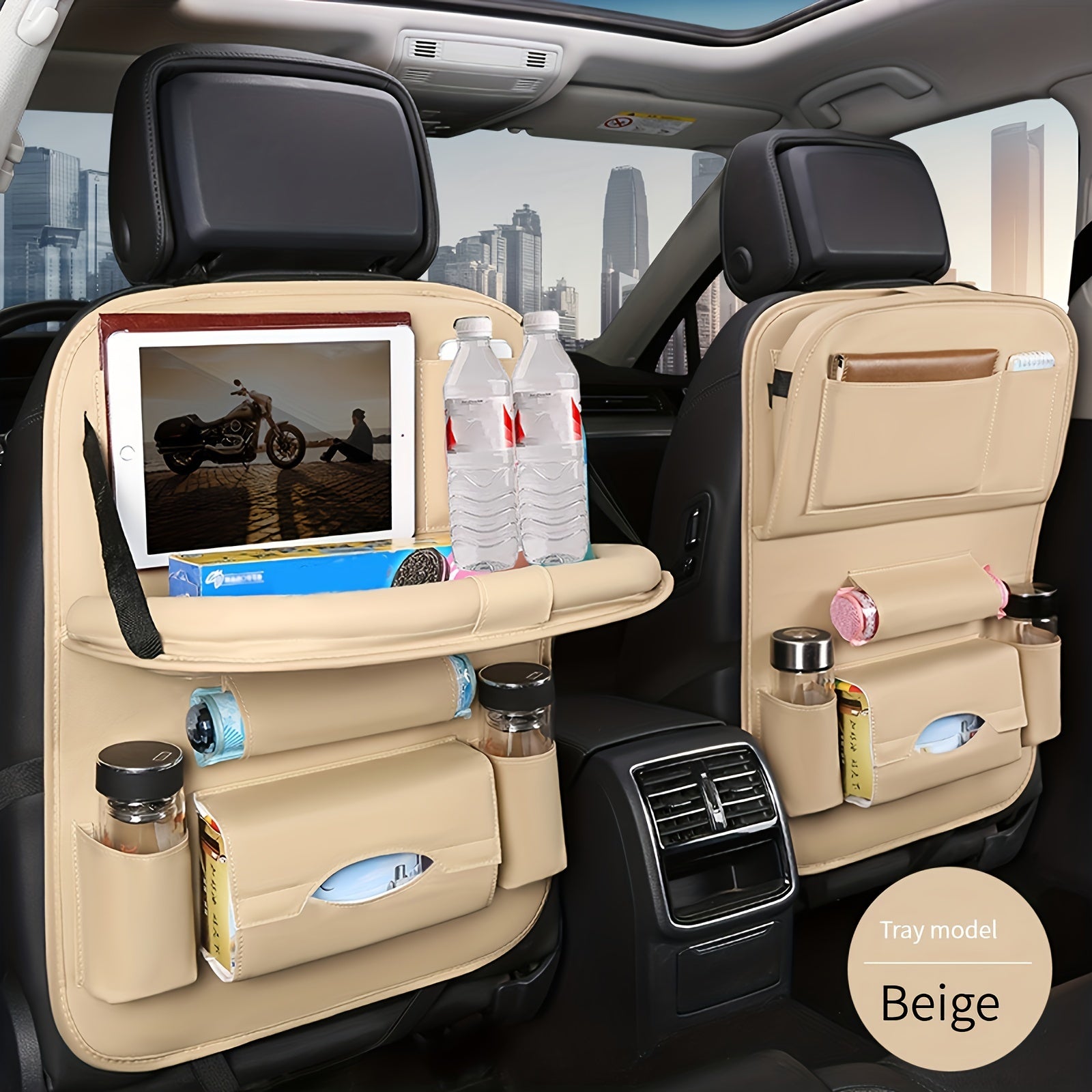 Luxury PU Leather Car Storage Bag and Tray for Snacks and Toys