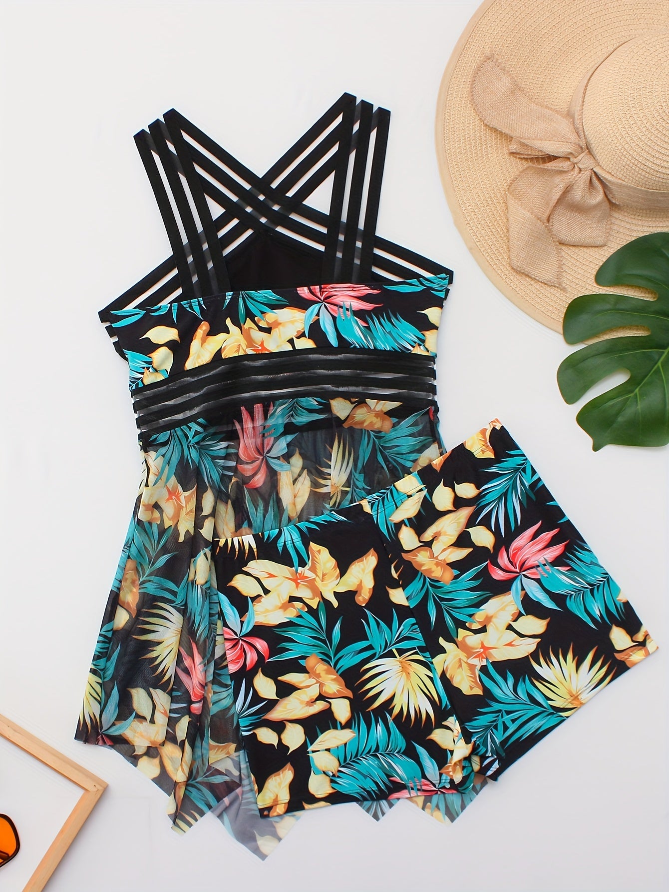 Women's Tropical Print Mesh Two-Piece Tankini Swimsuit with High Stretch Top and Boxer Shorts