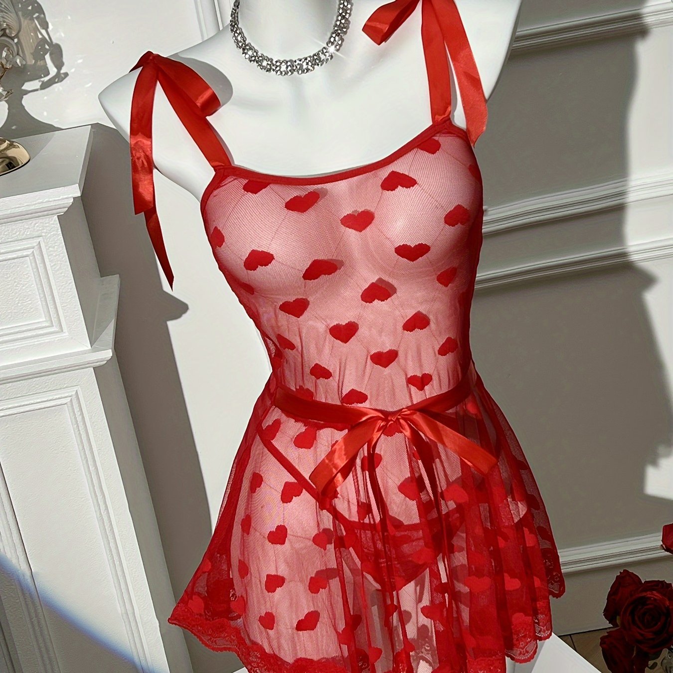 Red Sheer Mesh Lace-Up Lingerie Dress with Thong Heart Pattern Drop Waist No Padding