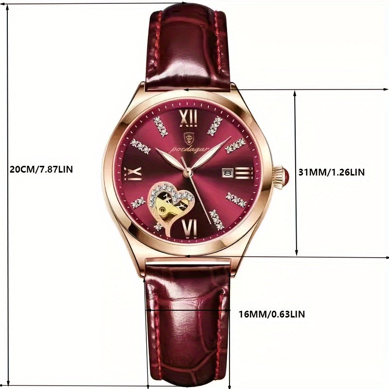 Women's Heart-Shaped Rhinestone Watch with Luminous Dial and Leather Band