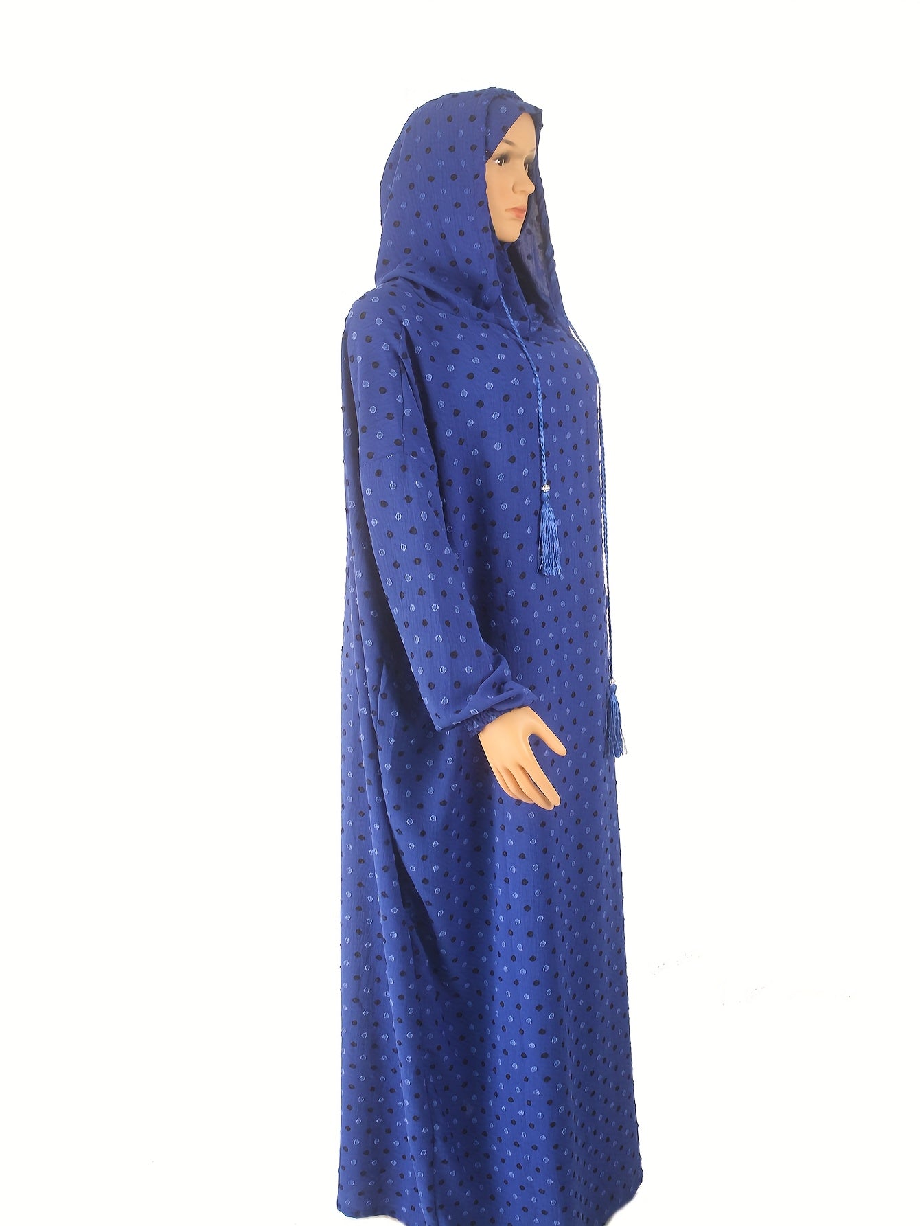 Women's Blue Polka Dot Abaya Kaftan Maxi Dress with Tassels and Lantern Sleeves