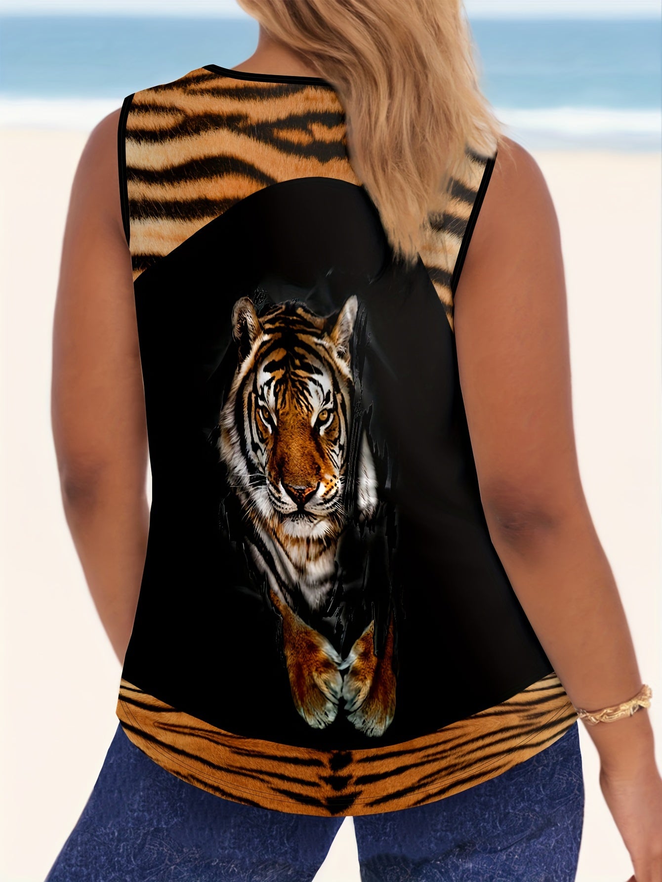 Женский топ с принтом тигра 3D, большой размер, свободный, с открытыми плечами, летний без рукавов жилет