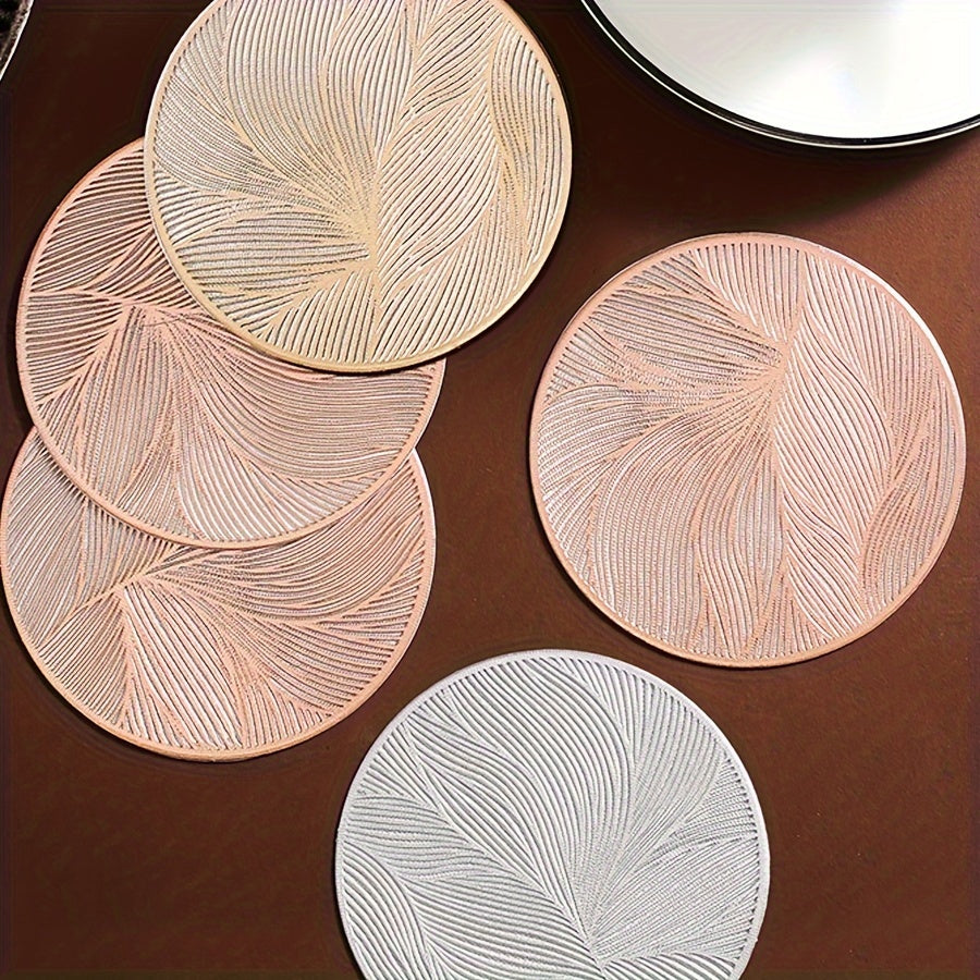 6 PVC Round Leaf Pattern Place Mats Heat Resistant Non-Slip for Dining and Events