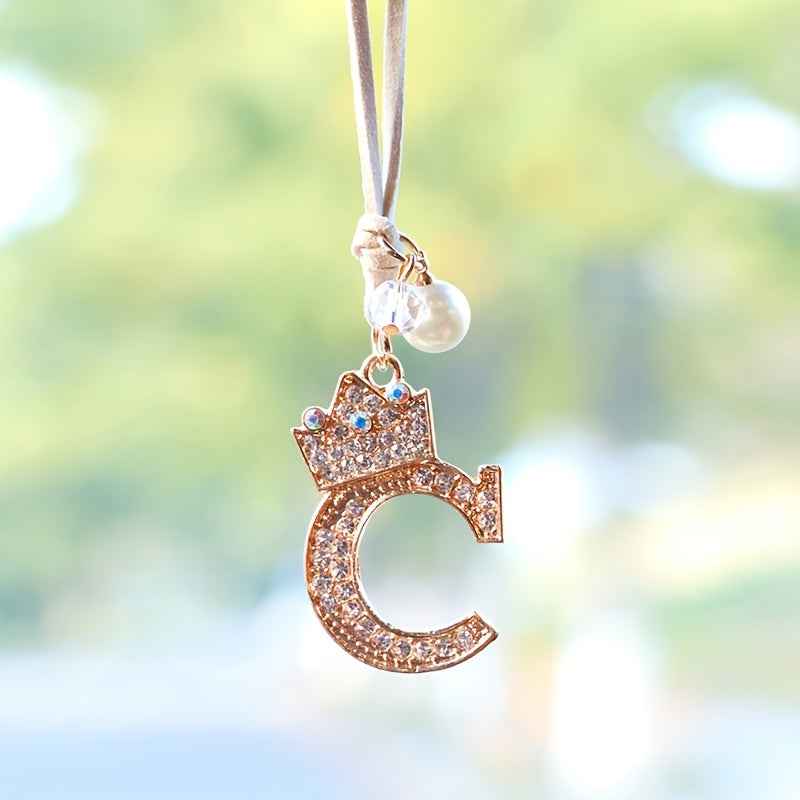 Alphabet Car Mirror Charm Set with Sparkling Crown Pendants for Vehicle Decoration