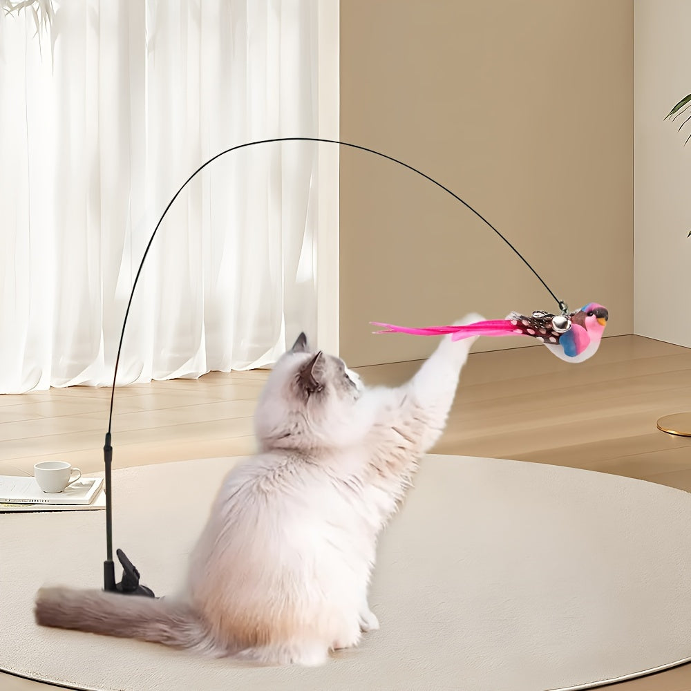 Interactive Cat Teaser Wand with Suction Cup Bell and Detachable Bird Toy