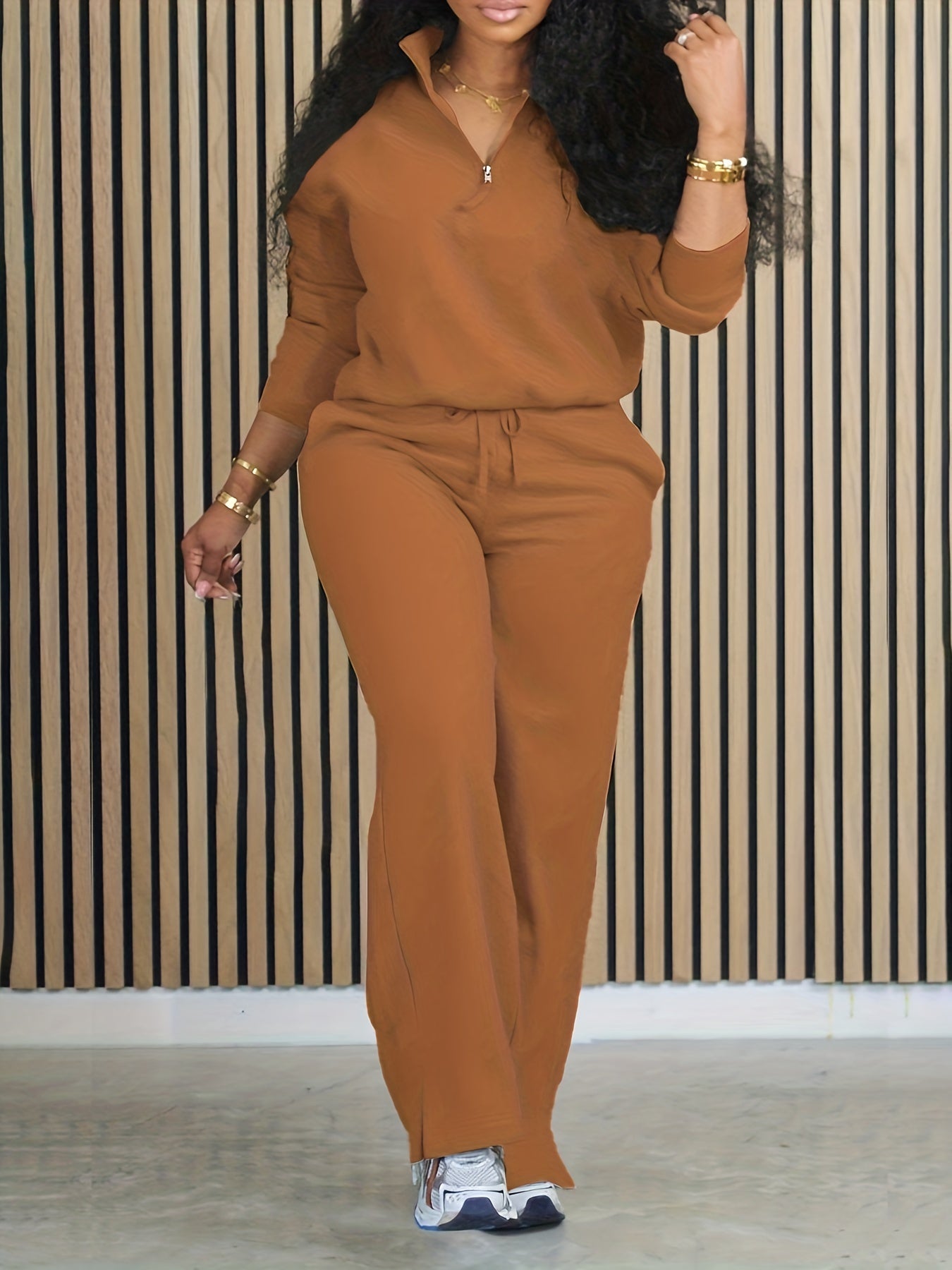 Women's Polyester Elastane Vacation Set Top and Bottom with Zipper and Stand Collar All-Season Casual Outfit