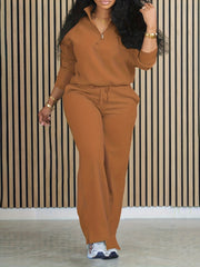 Women's Polyester Elastane Vacation Set Top and Bottom with Zipper and Stand Collar All-Season Casual Outfit