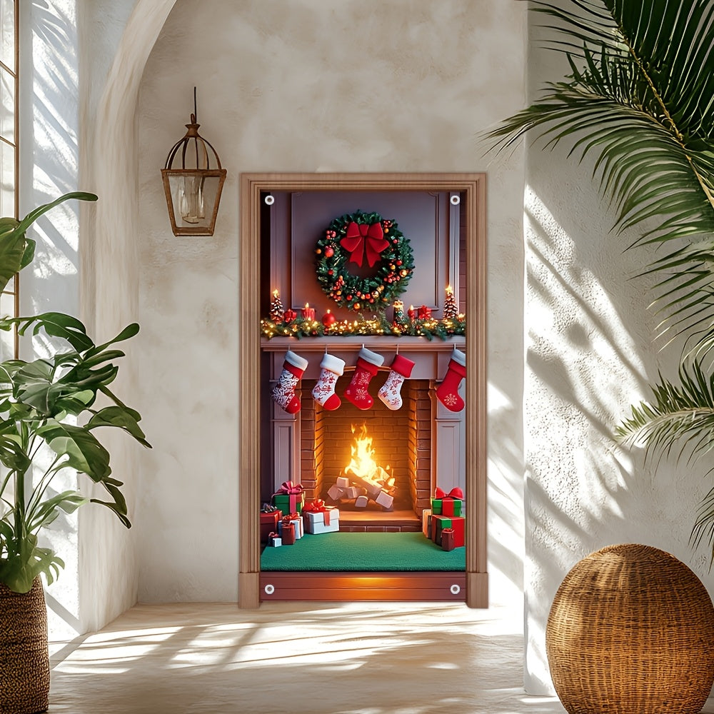 Multi-Functional Christmas Fireplace Door Cover Polyester Festive Decor