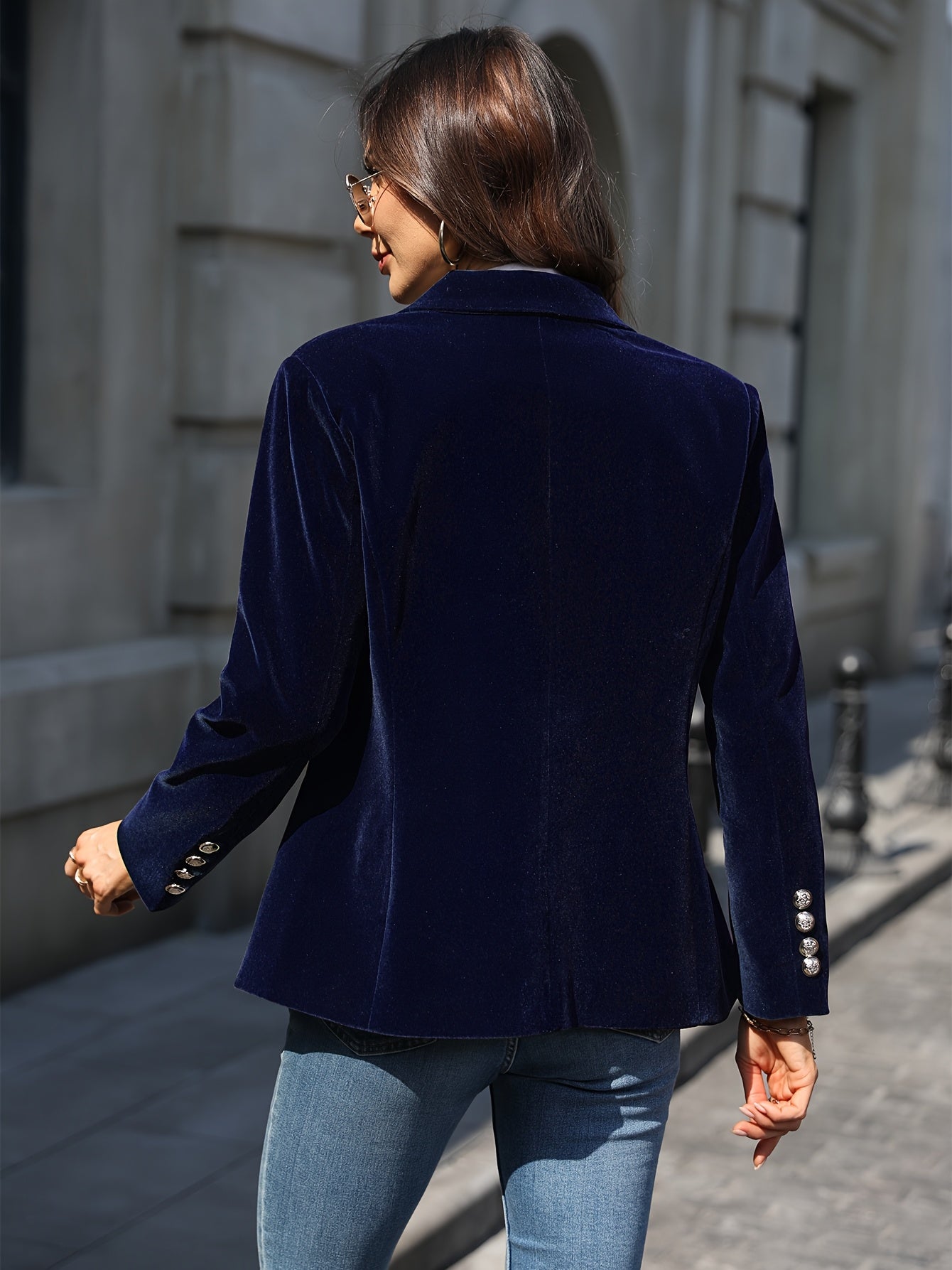 Elegant Solid Color Polyester Velvet Blazer for Women with Single Button Placket