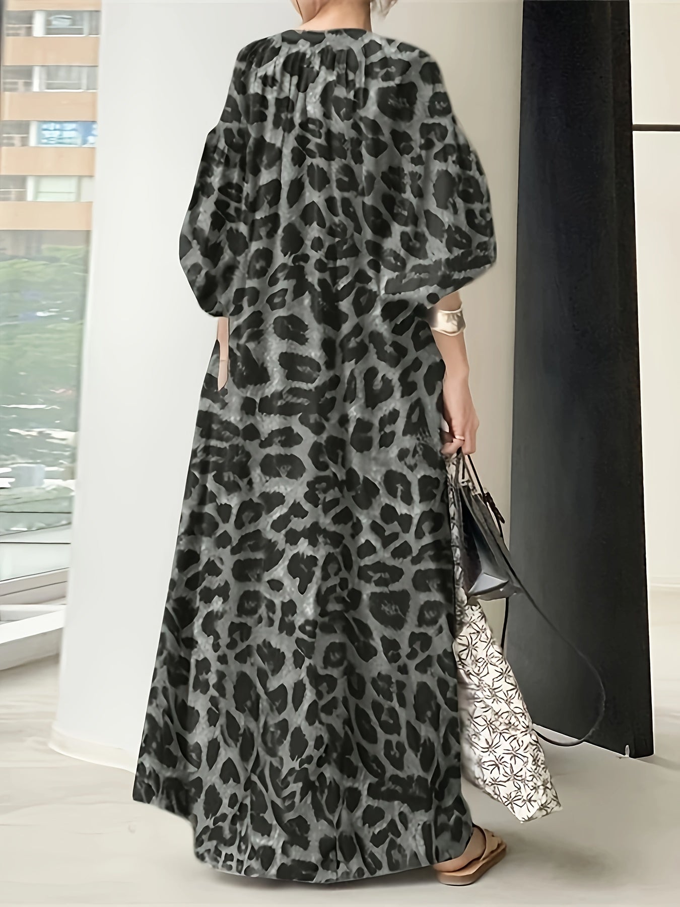 Leopard Print Notched Neck Dress with Lantern Sleeves for Women