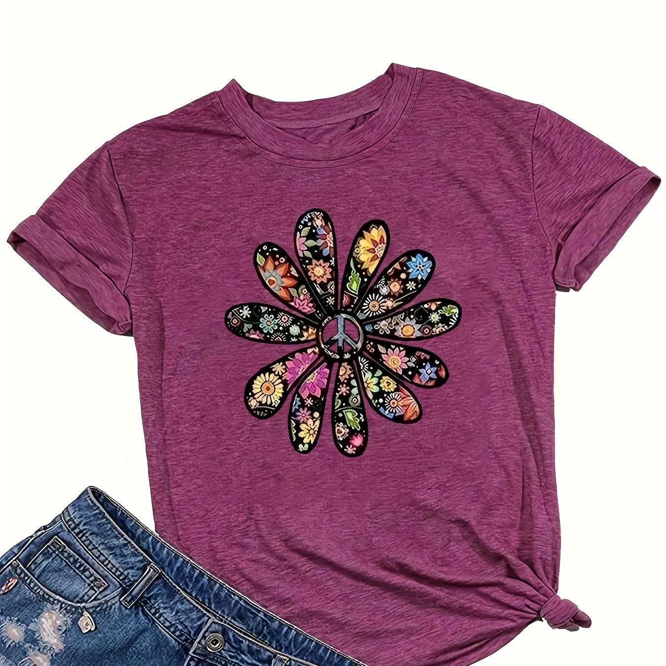 Women's Short Sleeve T-Shirt Vibrant Orange Geometric Floral Summer Top