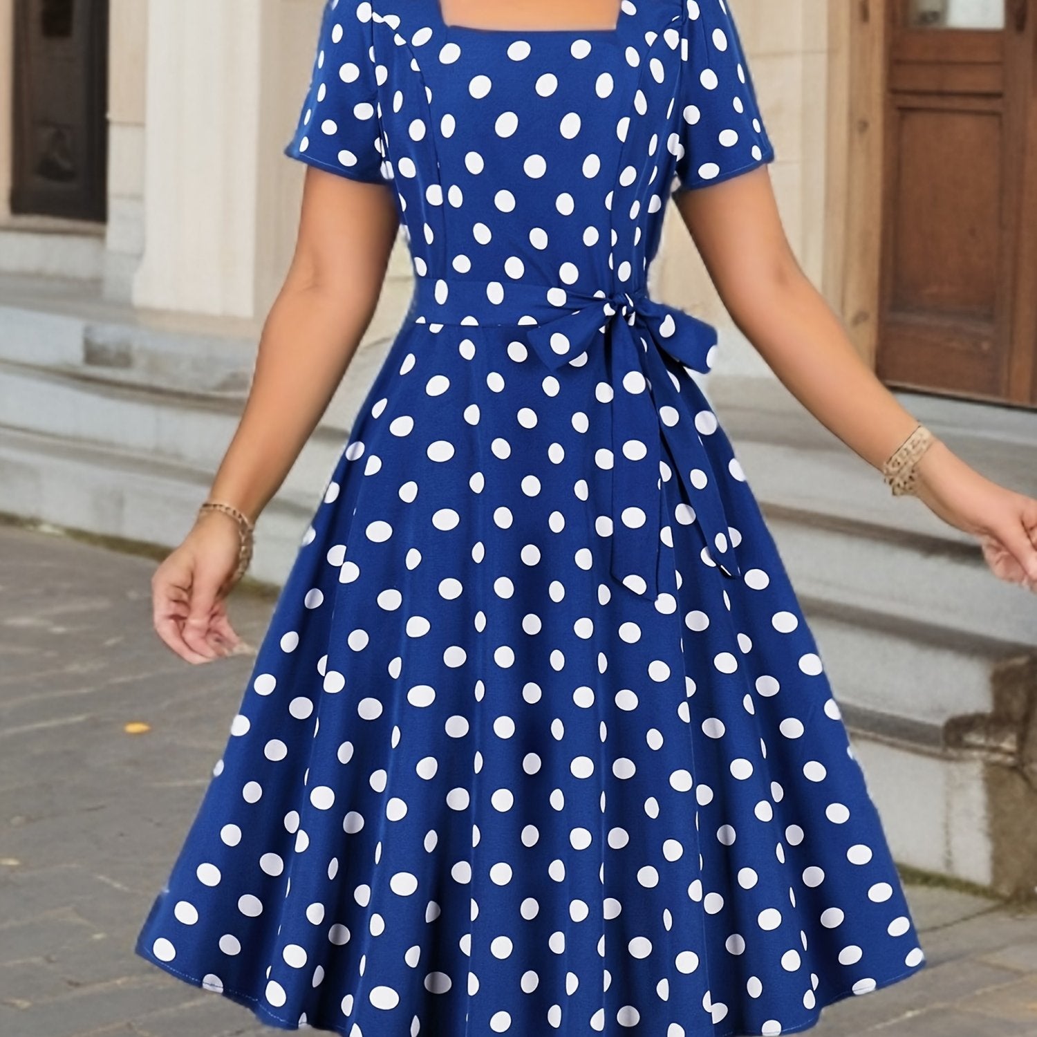 Polka Dot Print Square Neck Dress with Short Sleeves Belt for Women Spring Summer