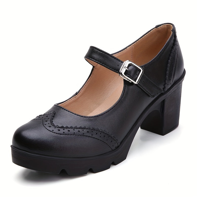 Women's Chunky Heel Brogue Pumps All-Match Classic Buckle Strap Office Shoes