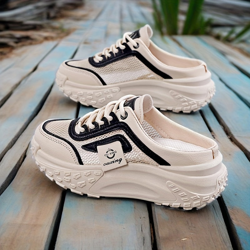 Women’s Summer Casual Sneakers with Cushioned Sole Breathable Mesh Black Khaki White