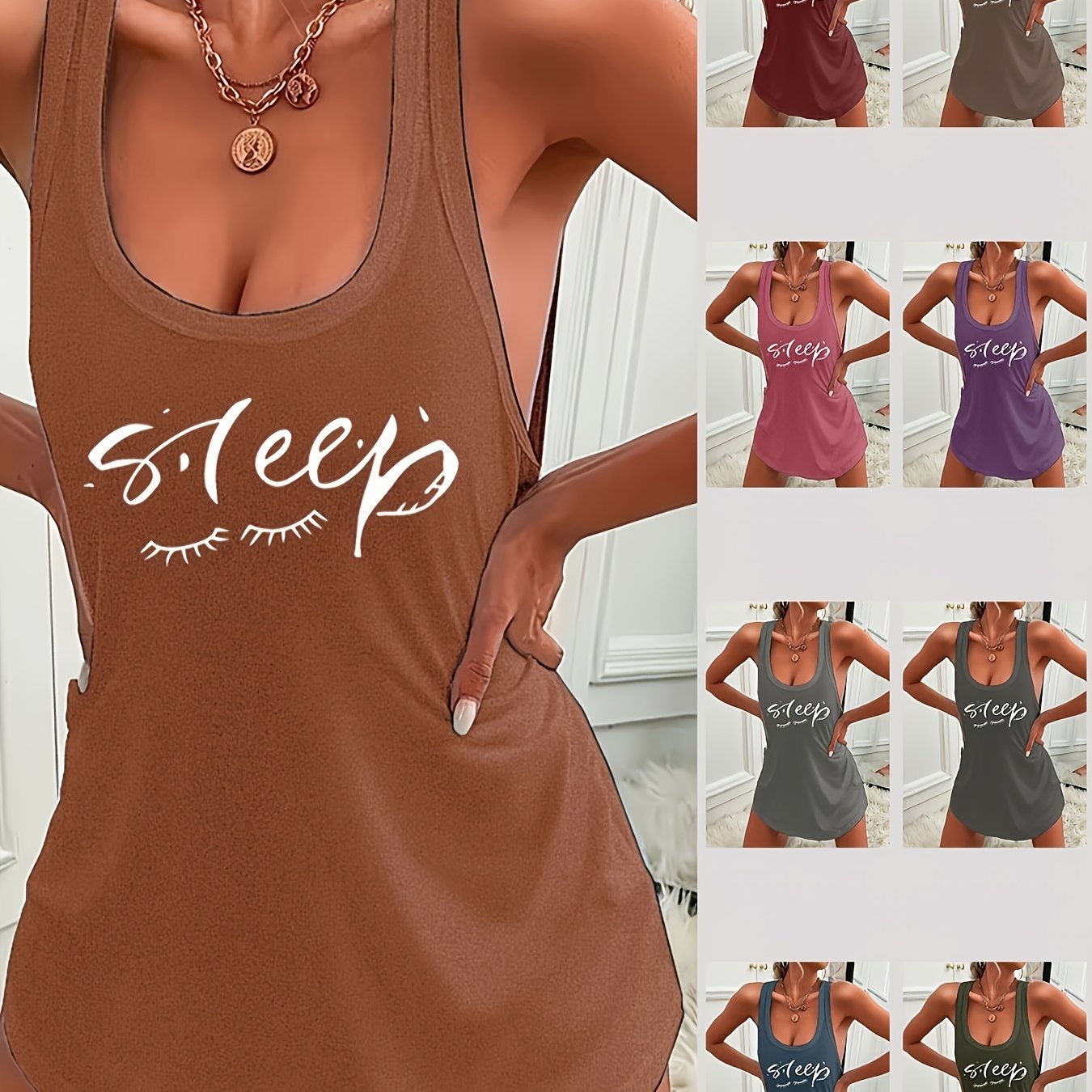 Женское повседневное ночное платье-майка с принтом "Sleep", изготовленное из легкой полиэстеровой трикотажной ткани для комфорта в любое время года.