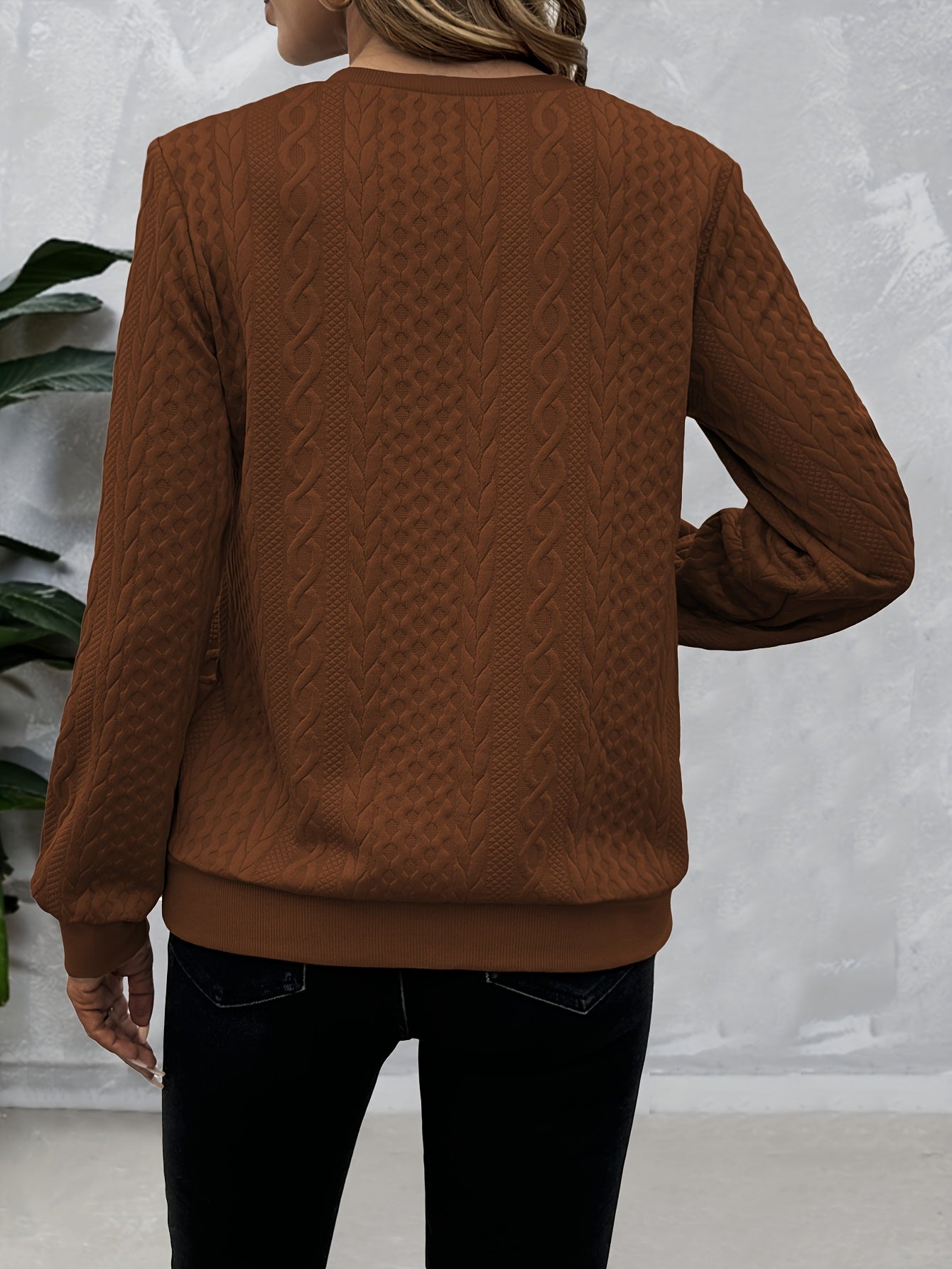 Women's Textured Solid Zip Crew Sweatshirt Fall Winter Polyester Knit Crew Neck