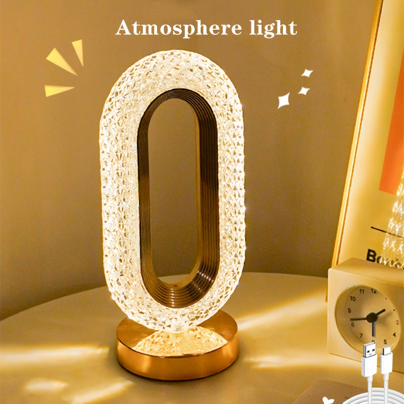Oval Crystal Table Lamp with USB Charging Touch Control Modern Bedroom Living Room Decor