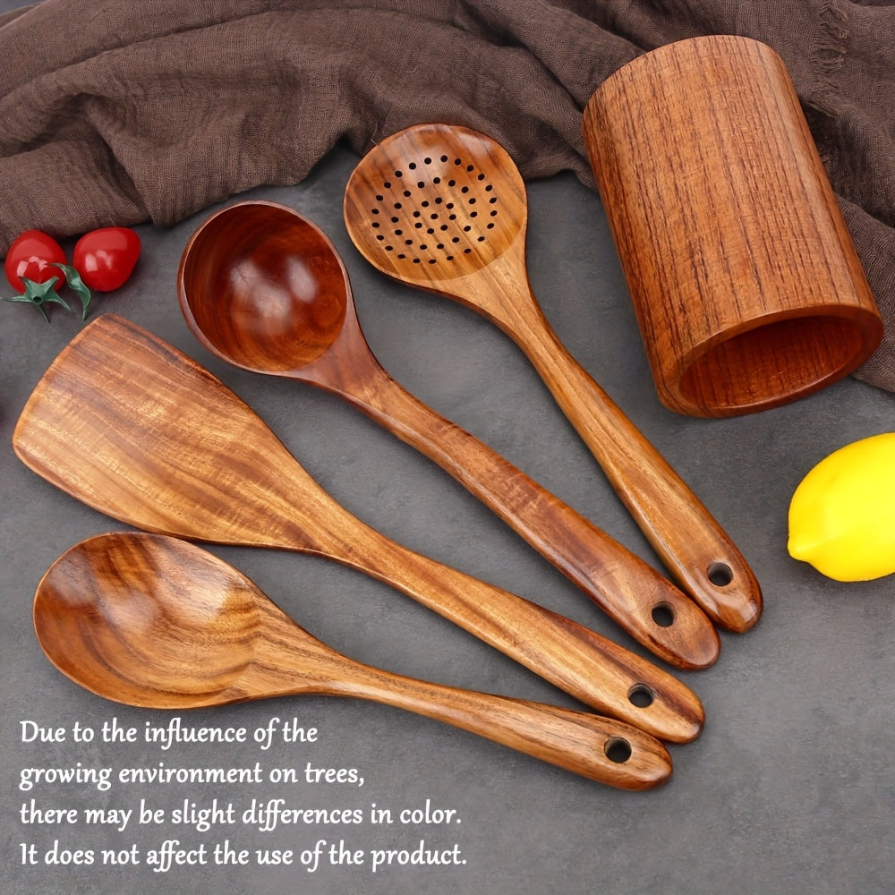 Set of 5 Wooden Kitchen Utensils with Holder, Premium Cooking Spoons and Tools
