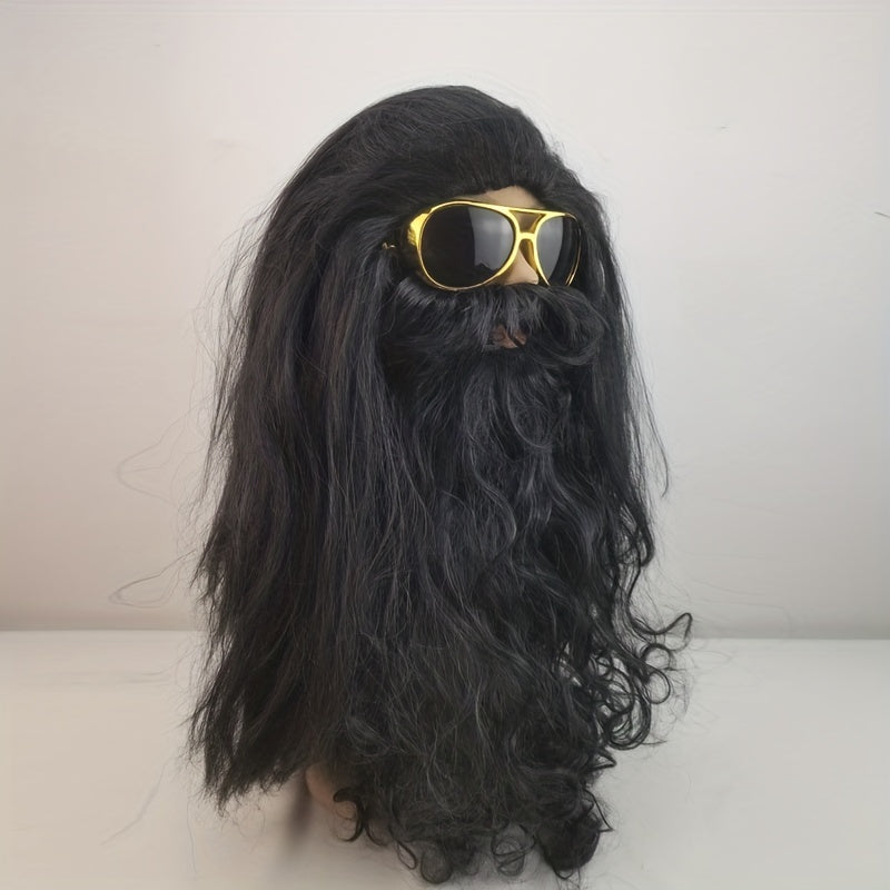 Set of 3 Men's Long Black Wigs and Beards for Halloween Caveman Costume