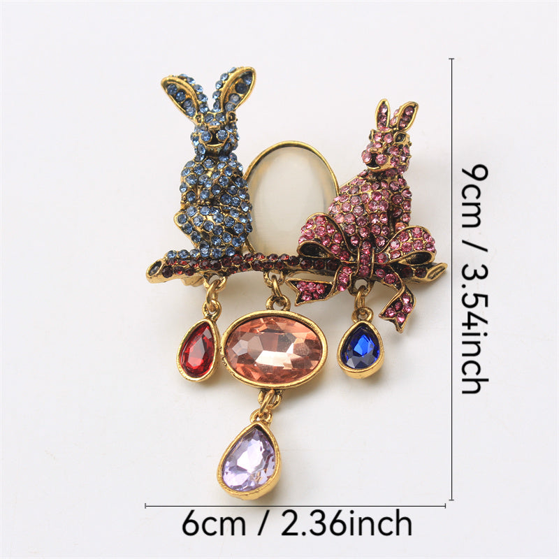 Vintage Rhinestone Tassel Zodiac Rabbit Brooch for Women Coat Pin Jewelry