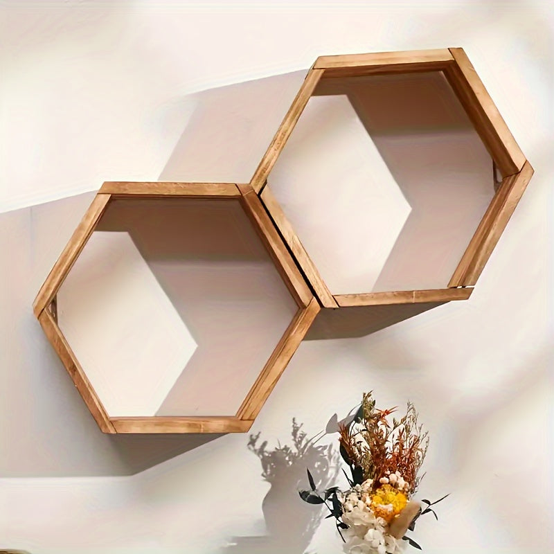 Brown Wood Hexagon Wall Shelf for Bedroom and Living Room Decor