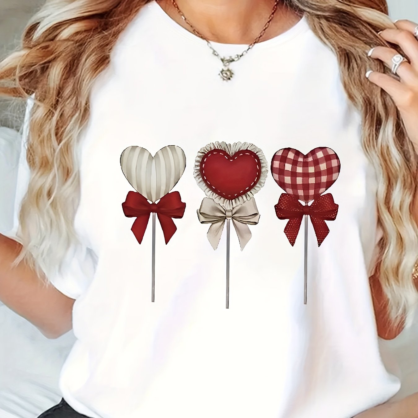 Plus Size Women's Short Sleeve Crew Neck T-Shirt with Heart Lollipop Applique